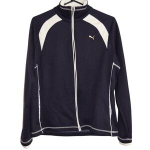 Puma Track Jacket Women XL Navy Blue Excellent Full Zip Gold Logo Mock Neck